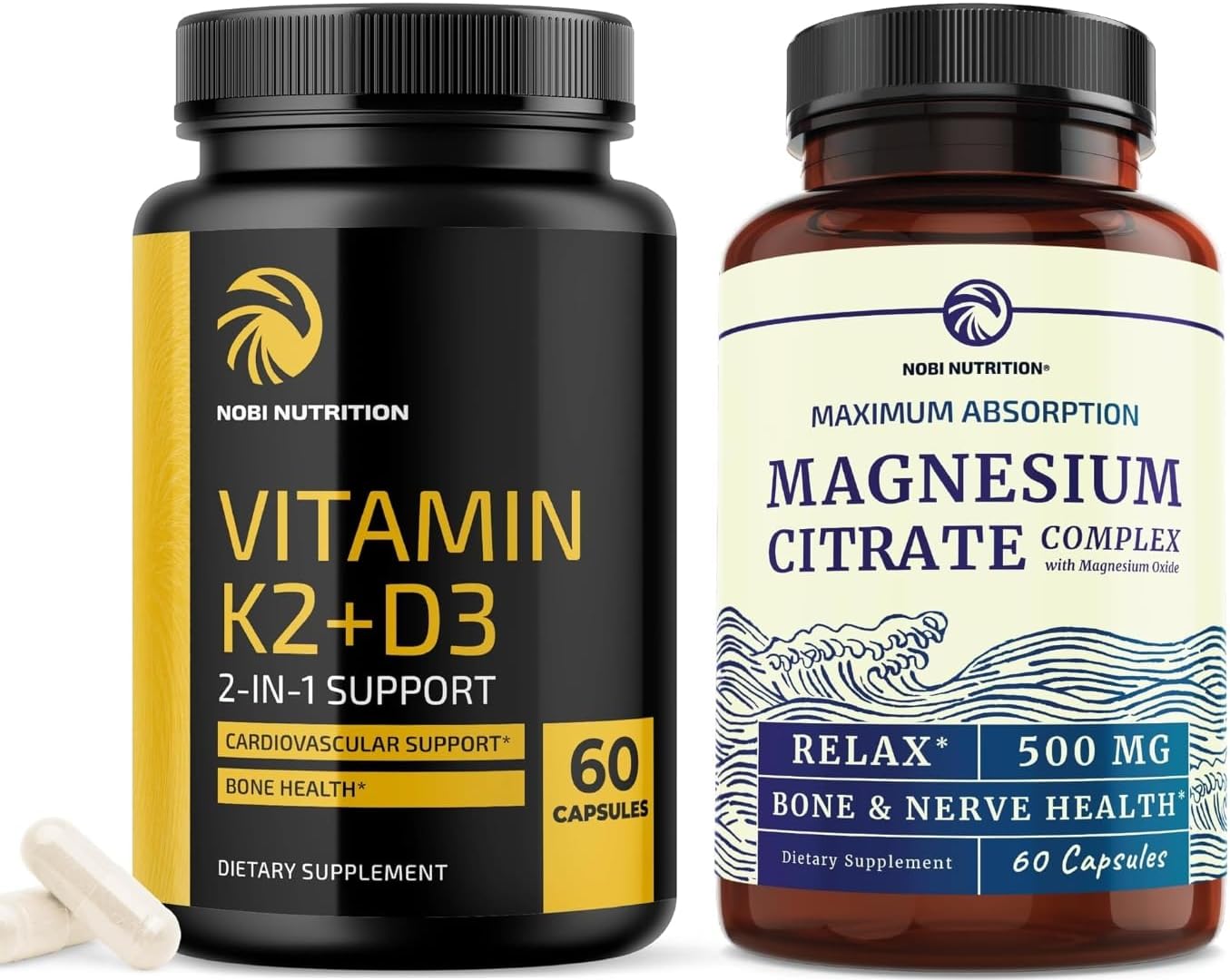 Vitamin D3 K2 5000 IU (60ct) & Magnesium Citrate 500 MG (60ct) | Immune System, Strong Bones, Calm, Relaxation, Digestion & Muscle Support | Non-GMO