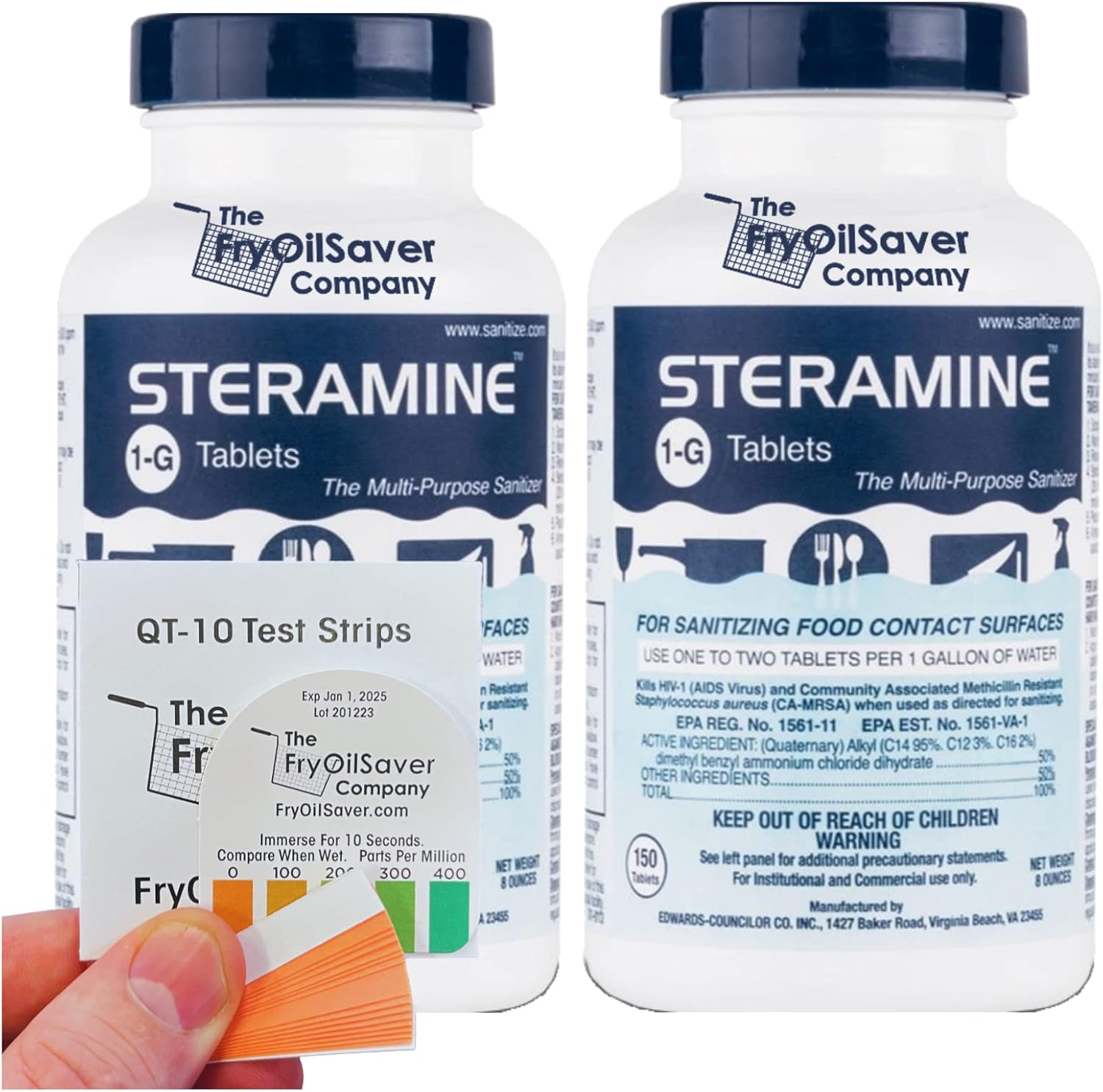 2 Bottles Steramine Tablet, Steramine Sanitizer Tablet w/ 15 QT-10 Test Strip for Food Service, Multi Purpose Sanitizing Tab for Food Contact Surface, Kitchen & Restaurant by FryOilSaver Co. (300 Tab)