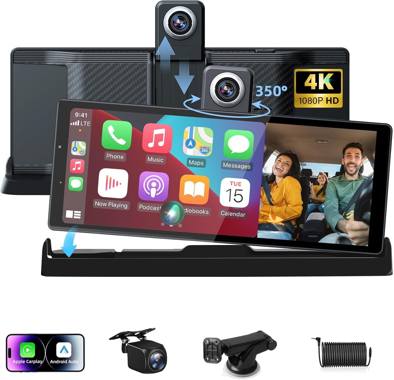 10.26" Apple Car Play Screen 4K Dash Cam Android Auto Car Tablet Pro Max 2025 with Rear Backup Camera Dual-Bluetooth Navigation Voice Control Siri G-oogle