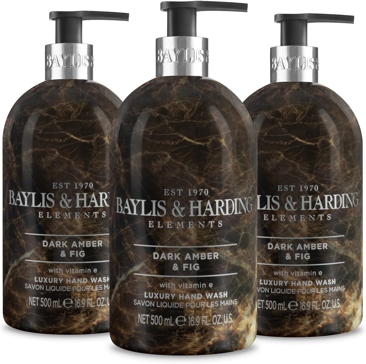 Baylis & Harding Dark Amber & Fig Elements Hand Wash, 500 ml (Pack of 3) - Vegan Friendly
