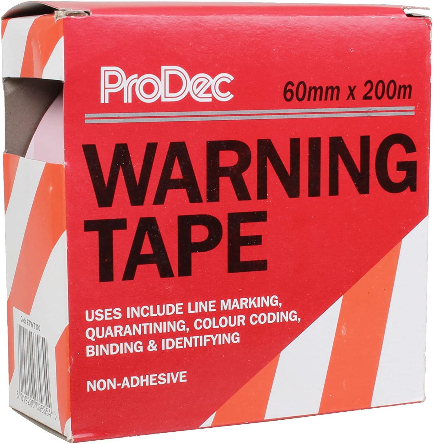 ProDec 60mm x 200m (2.5" x 650 ft) Non-Adhesive Red and White Chevron Hazard Warning Barrier Tape for Highlighting Restricted Areas and Obstacles, Supplied in Dispenser Box