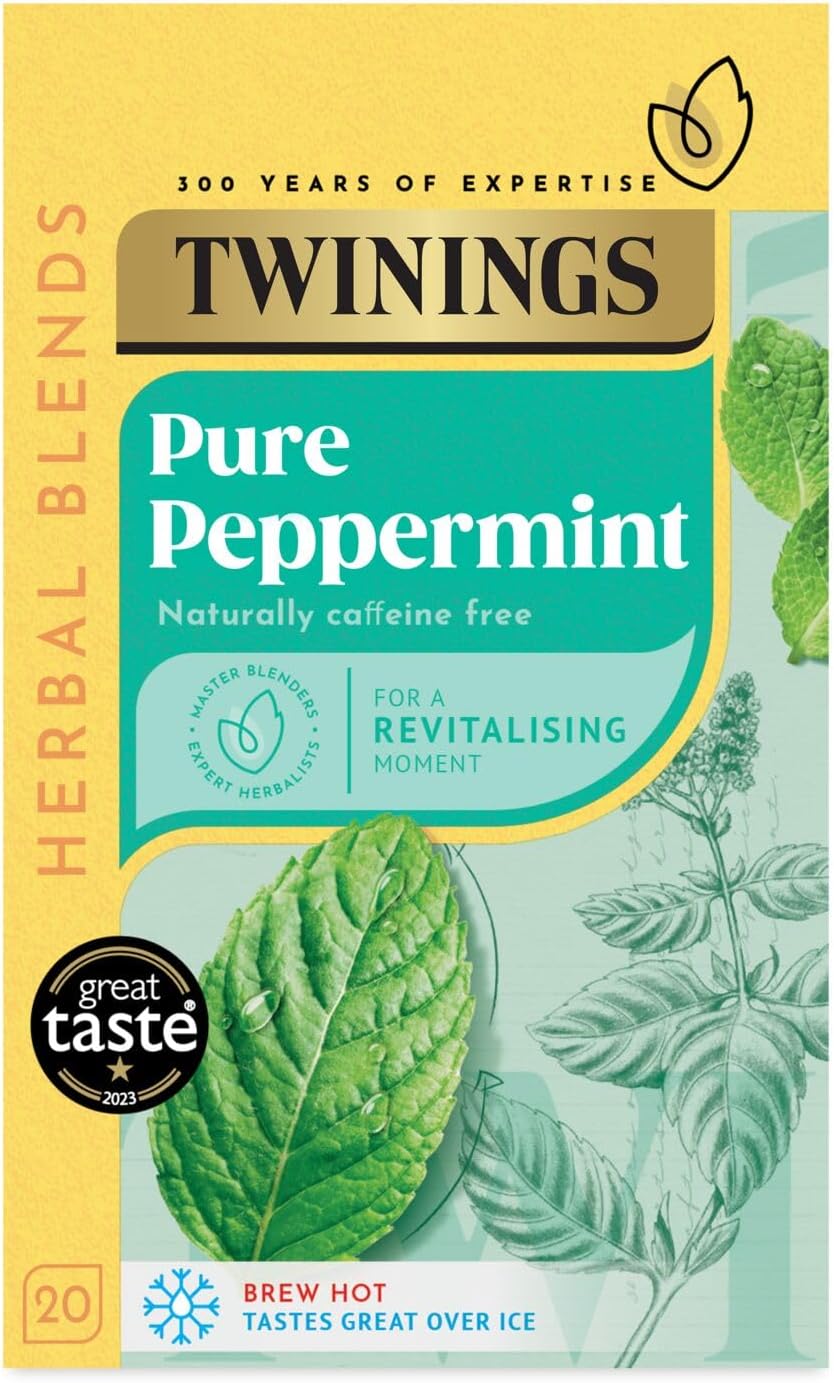 Twinings Pure Peppermint Flavoured Tea Bags - 20 Biodegradable Bags Caffeine & Sugar Free Herbal Tea for Digestion & Refreshment Natural Peppermint Flavor