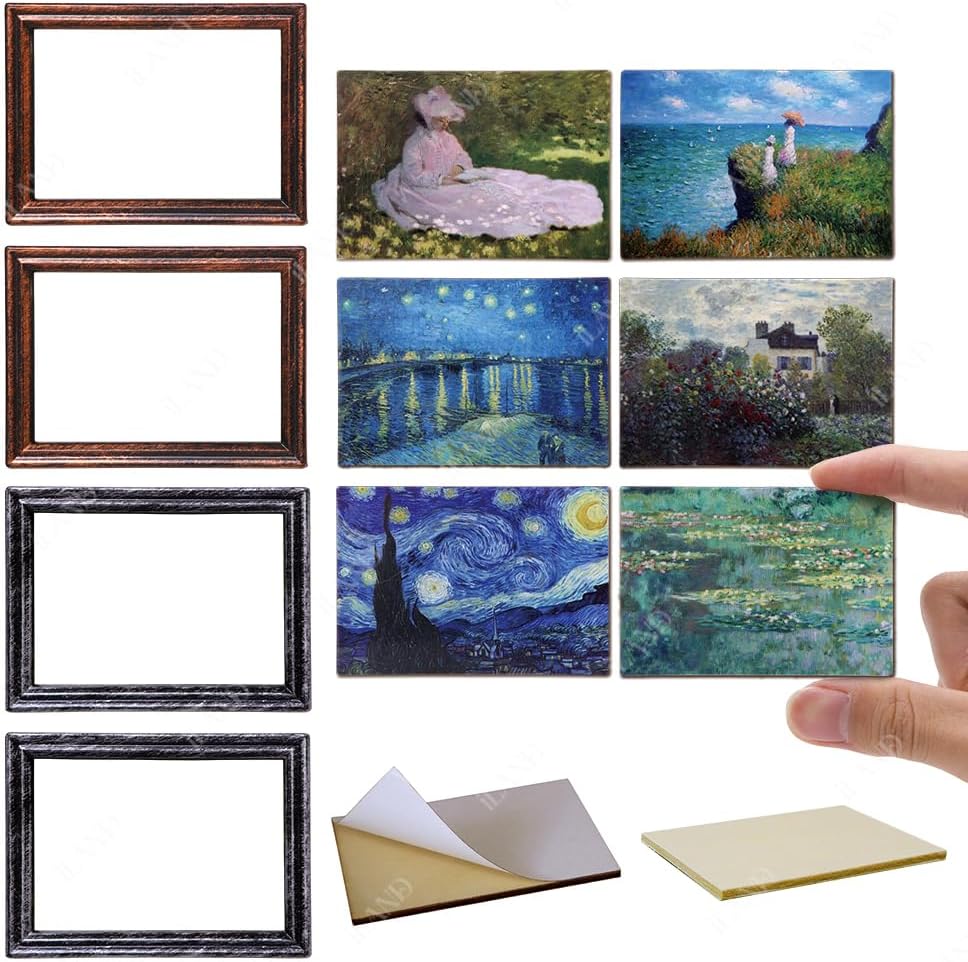 iland Miniature Dollhouse Accessories for Dollhouse Furniture on 1:12 Scale, Frames w/Printed Classic Impressionist Paintings Set (4 Frames & Impressionist Paintings)