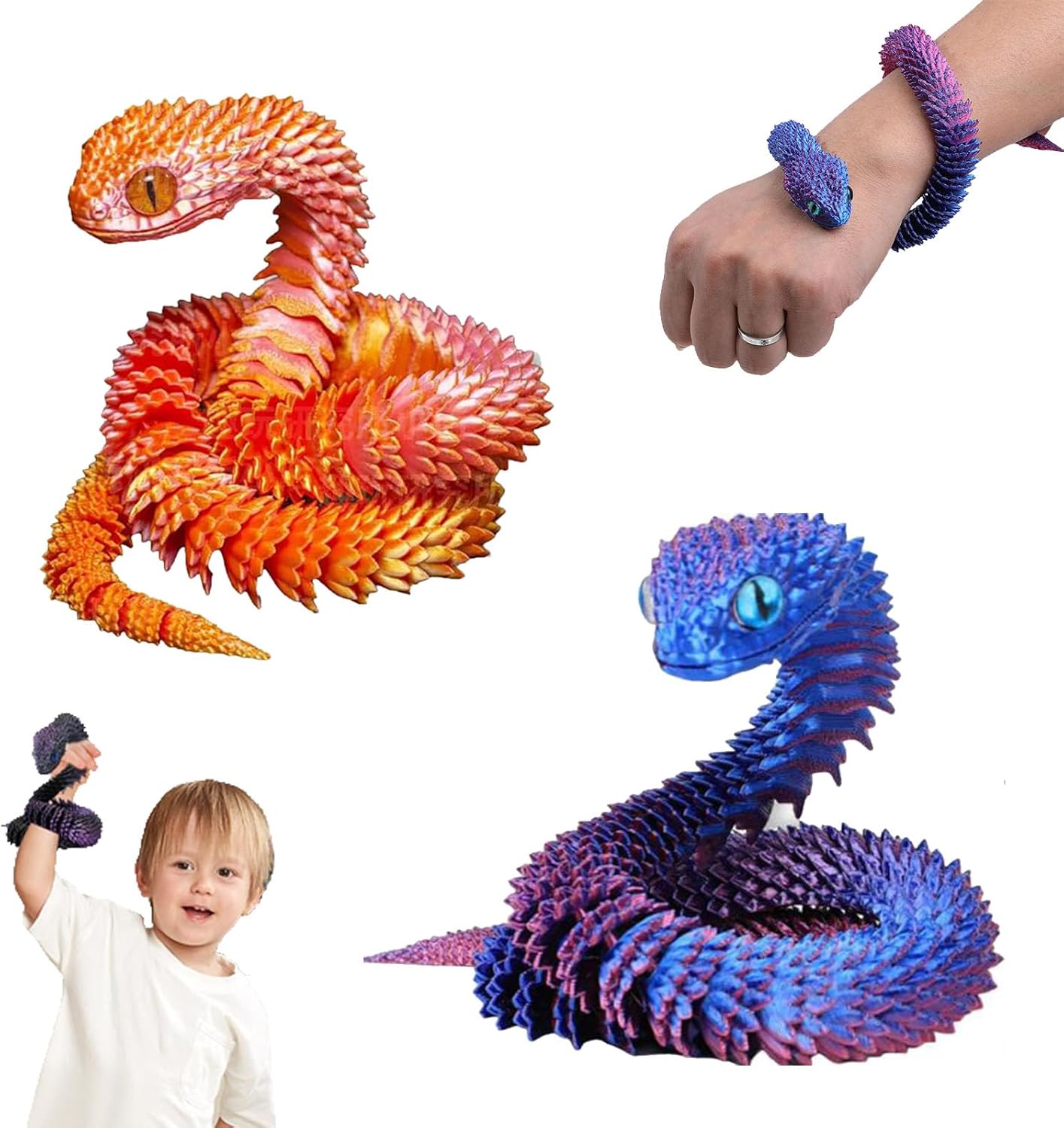 JYNARIX 2 PCS 3d Printed Snake, 11.81inch Articular Mobility Realistic Collectible Animal Models, Red and Blue Gradient, Perfect for Home Decoration, Gifts, or Educational Use
