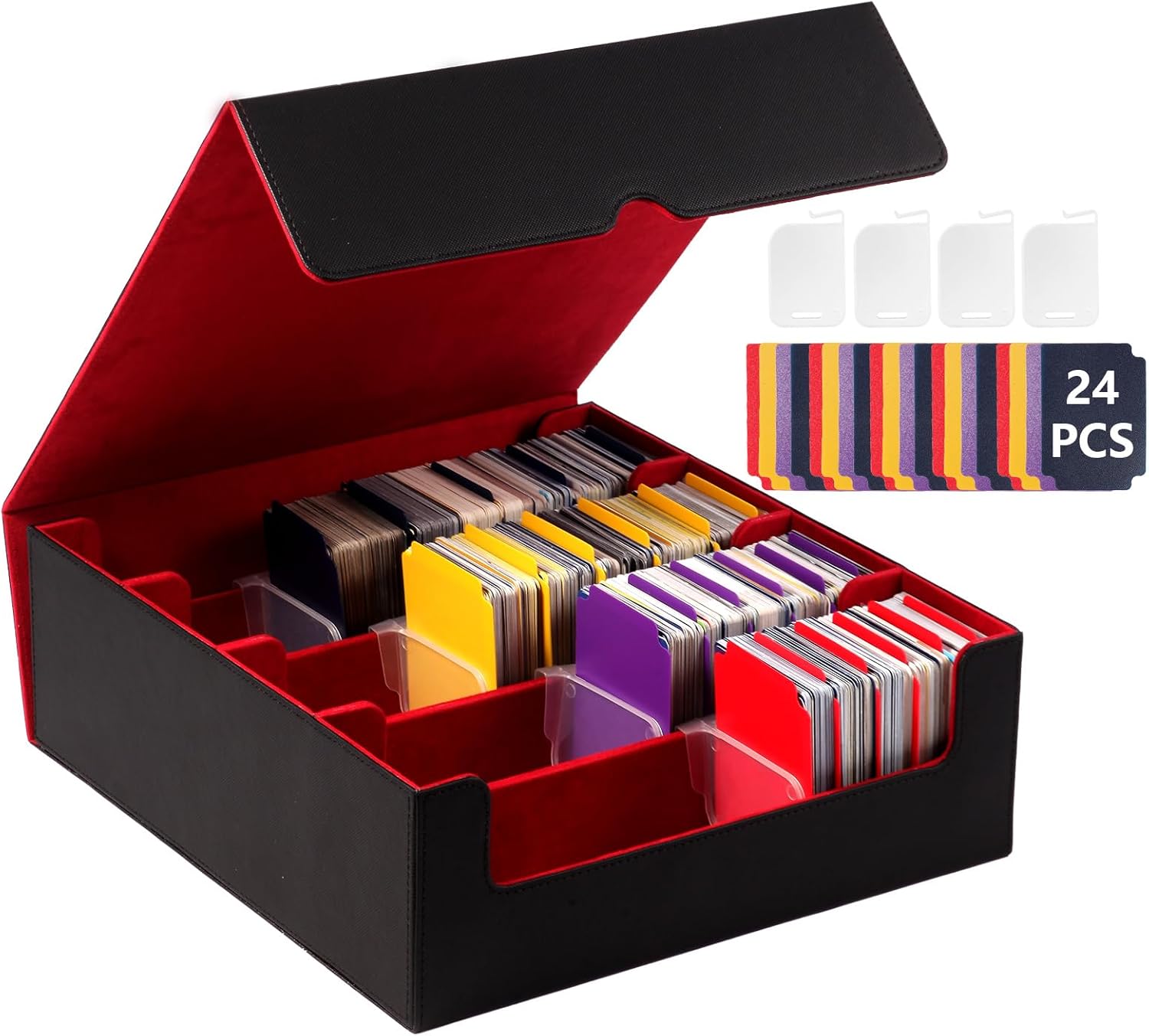 Storage Box For Trading Cards With Dedicated Card Supporters,3000+ Mtg Deck Box With 24 Colorful Divider Tabs,Trading Card Storage Fits For Magic Game Cards (Black and Red)