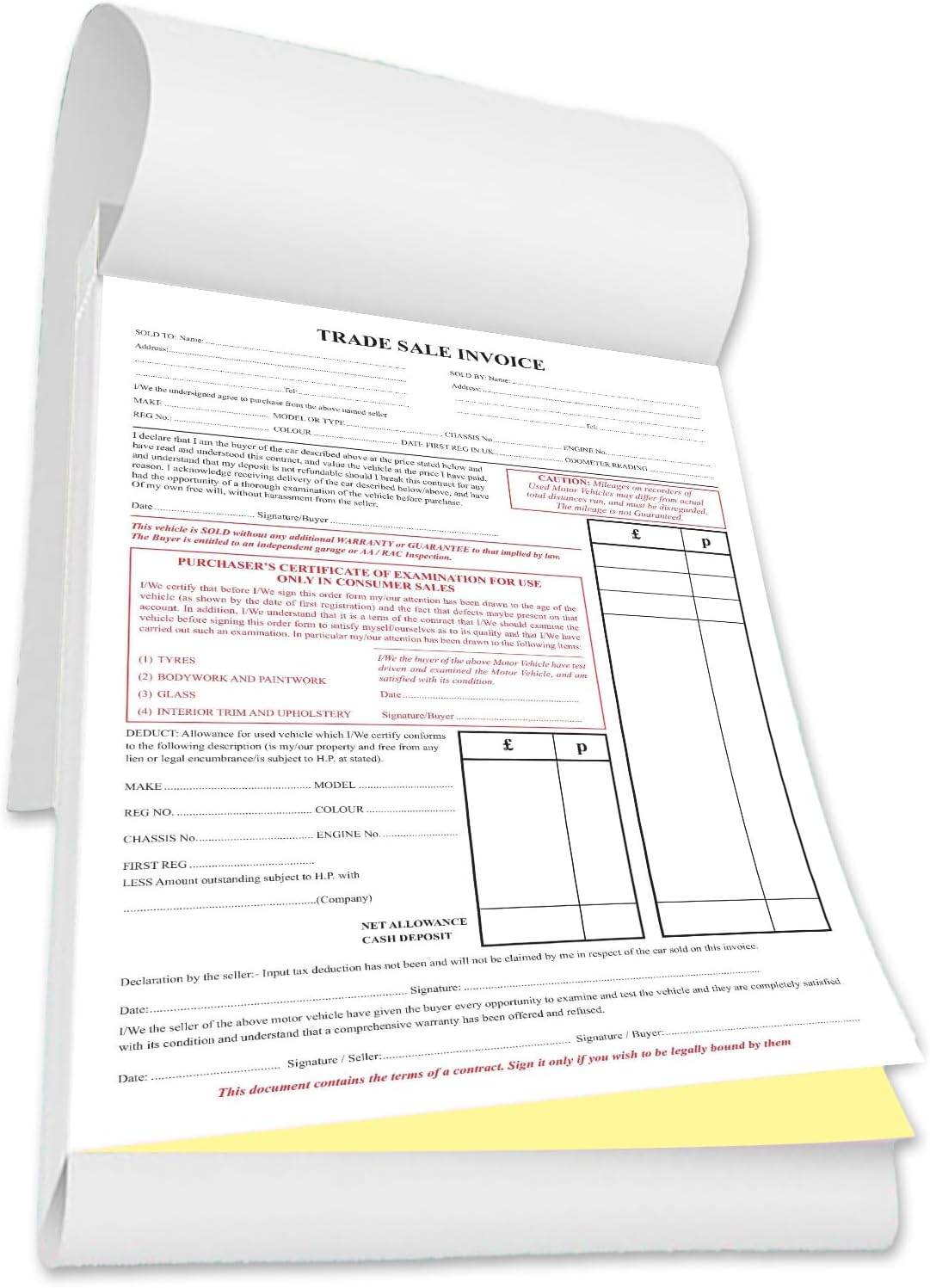 Trade Car Vehicle Sales Invoice/Deposit/Receipt Pad A4 x 50 2 Part Stets - Motor Trade Sale Buying & Selling Cars #1584