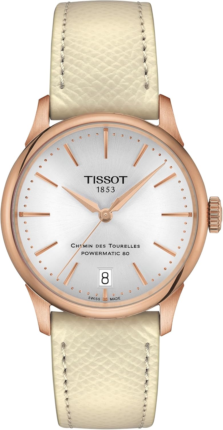 Tissot Womens Chemin des Tourelles Powermatic 80 34 mm 316L Stainless Steel case with Rose Gold PVD Coating Automatic Watches, Cream, Leather, 18 (T1392073603100)