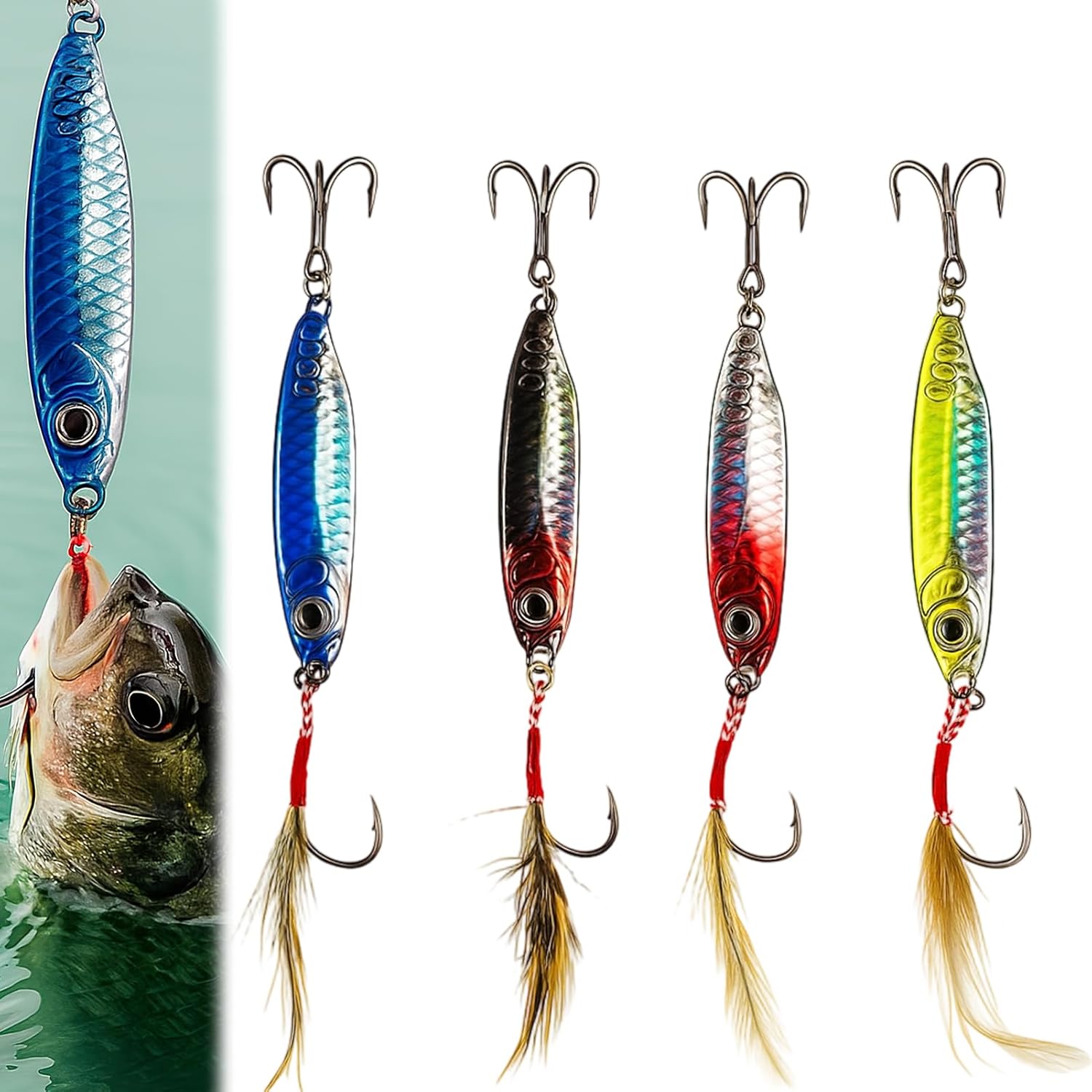 4PCS Sea Fishing Lures, Hard Metal Fishing Spinners Set, Tackle Bait Vertical Beach Casting Lures with Assist Hook Treble Hook, Durable and Well-Made for Mackerel Cod Bass Pike Freshwater Saltwater