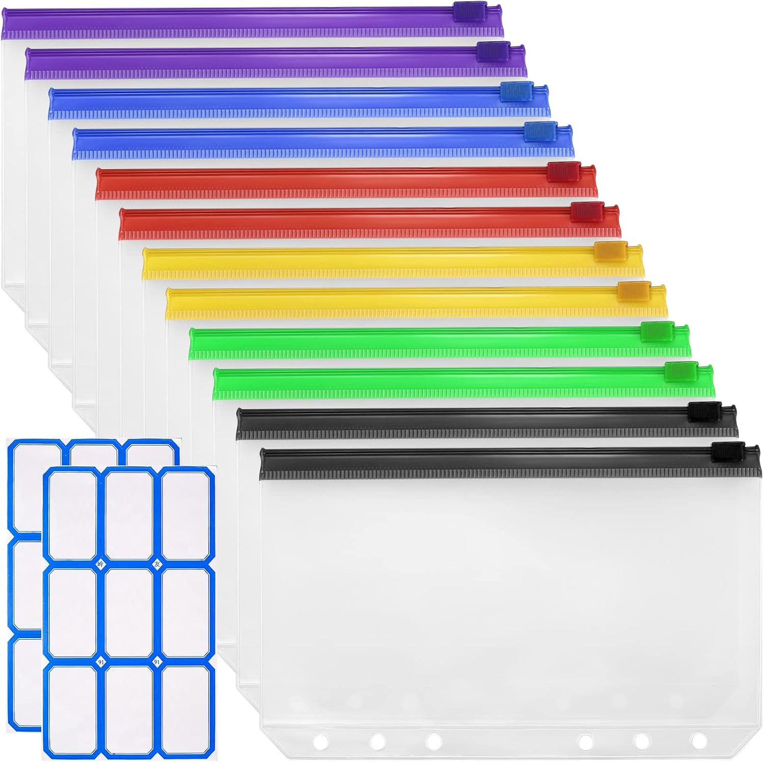 12 Pcs A6 Cash Envelopes, Binder Pockets 6 Holes, PVC Wallet Money Binder for Cash Saving, Loose Leaf Budget Binder Folders Bags with Zipper, Document Organizer Binder for Bill Money Cash Cards