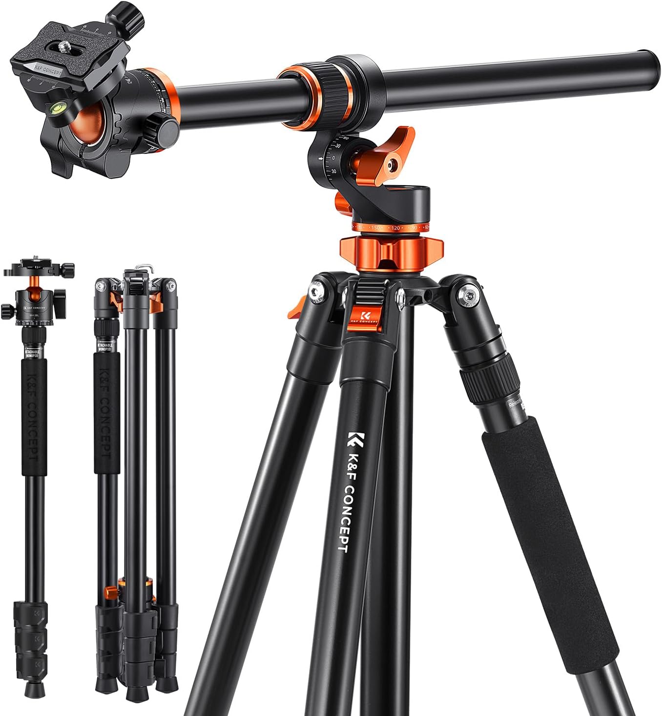 K&F Concept 90 inch/230cm Ultra High Camera Tripod,Horizontal Overhead Shooting Travel Tripods with Metal Ball Head 10KG Load Capacity,Detachable Monopod, for Indoor and Outdoor Use T254A7+BH-28L