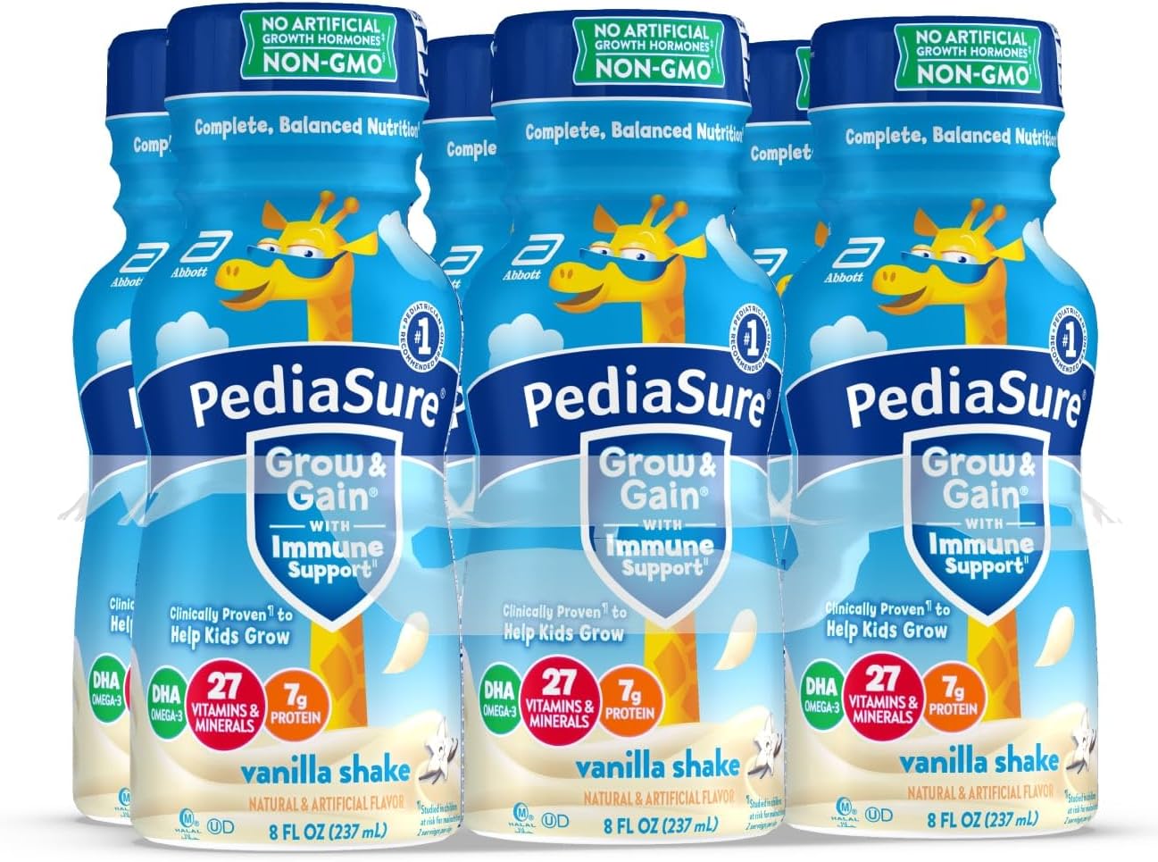 PediaSure Grow & Gain With Immune Support, Kids Protein Shake, 27 Minerals & Vitamins for Kids, 7g Protein, Helps Kids Catch Up On Growth, Non-GMO, Gluten-Free, Vanilla, 8-fl-oz Bottle, Pack of 6