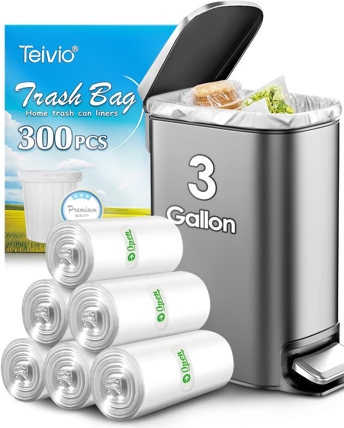 Teivio 3 Gallon 300 Counts Strong Trash Bags Garbage Bags, Bathroom Trash Can Bin Liners, Small Plastic Bags for Home Office Kitchen Kitchen (Clear)