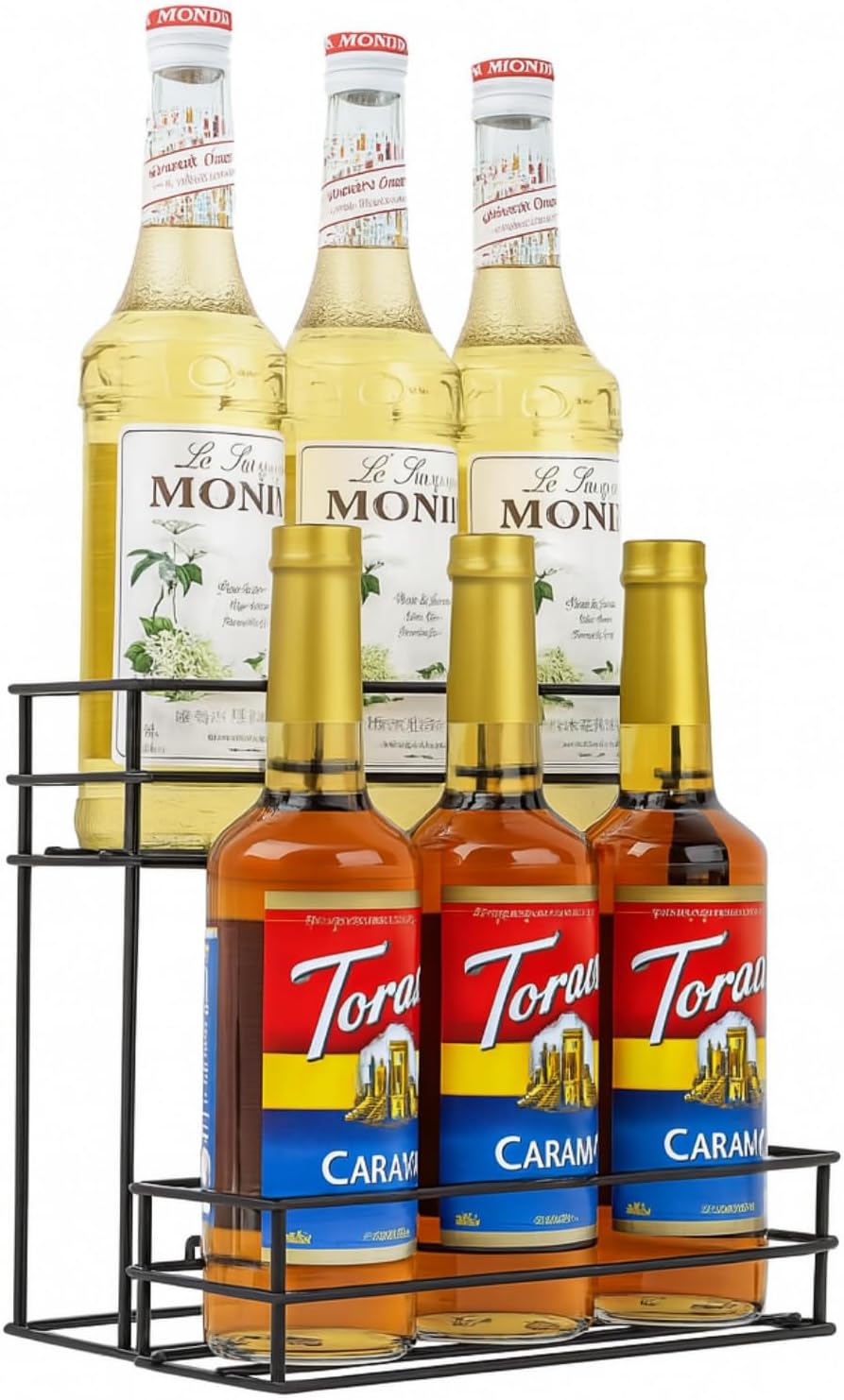 Coffee Syrup Rack & Syrup Holder, 2-Tier Design, Compatible with 750ml Torani & Monin Bottles, Holds 6 Bottles, Organizer for Coffee Bar, Bar, Home, Restaurant & Kitchen Countertop