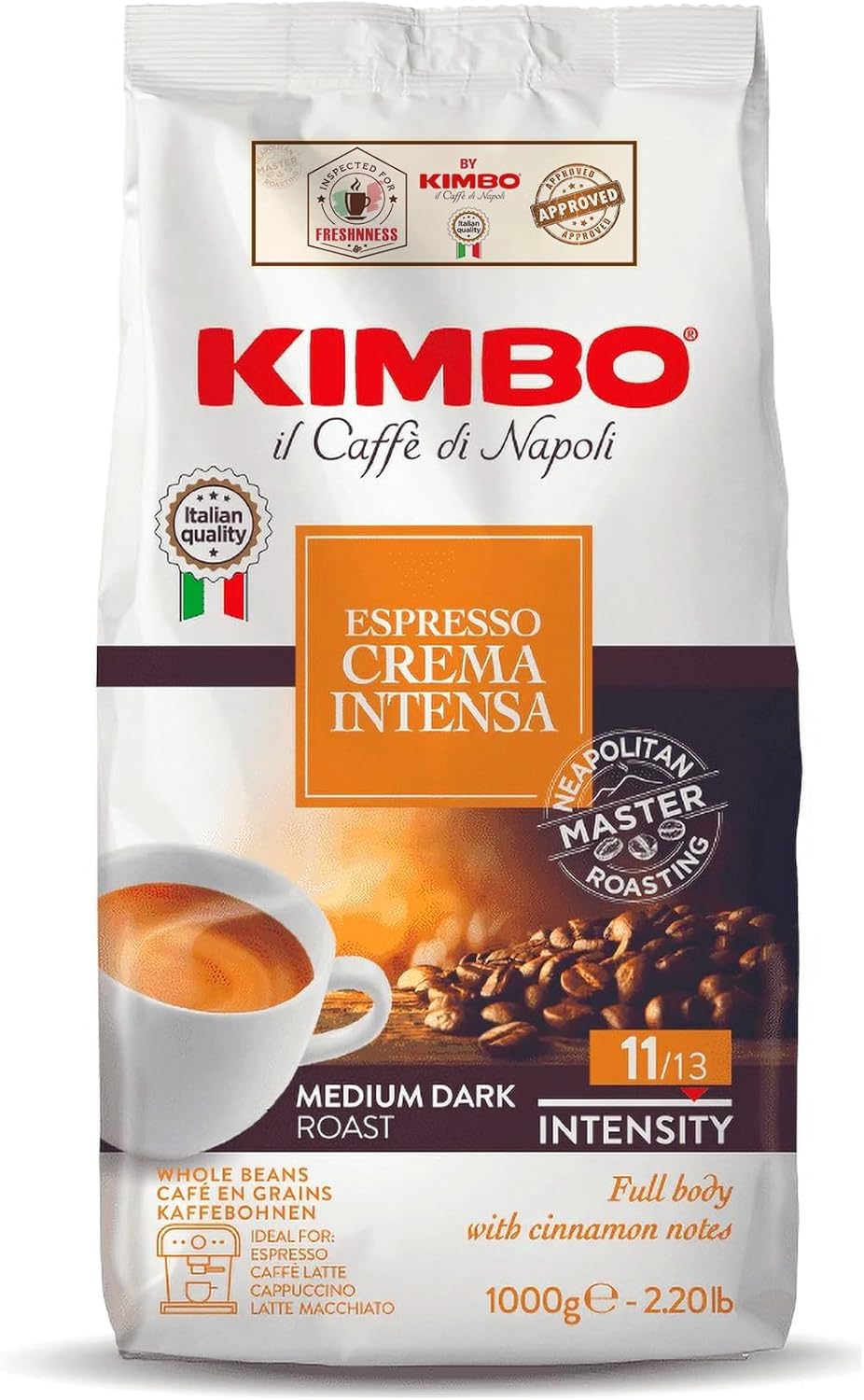 Kimbo Crema Intensa Whole Coffee Beans, Medium Roast, 1kg Bag