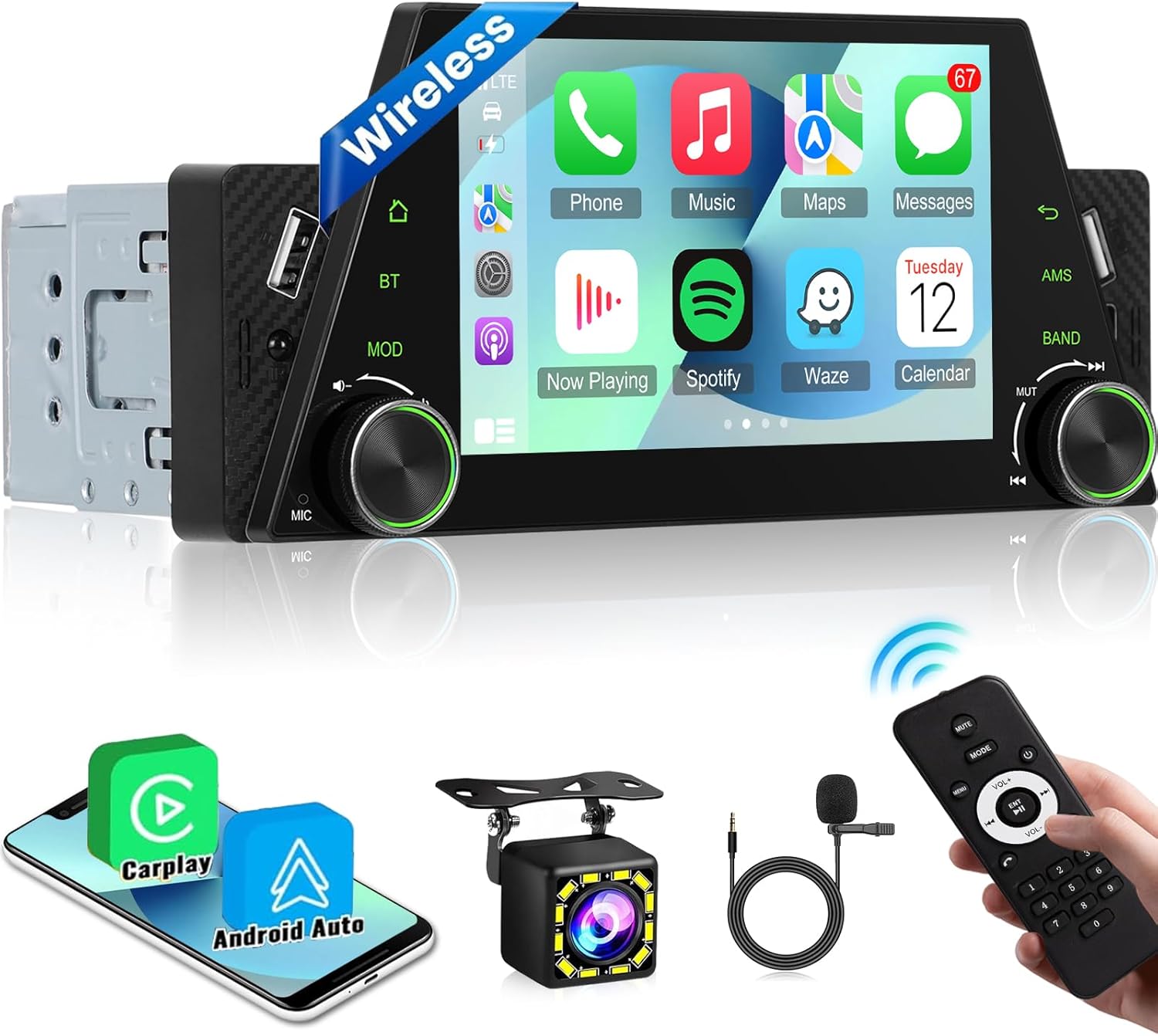 NHOPEEW Single Din Car Stereo with Wireless Carplay and Android Auto - 5 Inch Touchscreen Car Radio - EQ/Mirror Link/SWC/USB Charging/Bluetooth/FM + 12leds Backup Camera & Microphone