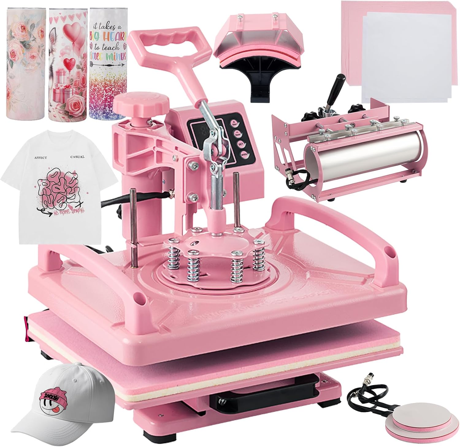 5 in 1 Heat Press Machine 12x15 Inch, Heat Press Machine for T Shirts Hat Cap Mug Plate 360° Swing Away, Sublimation Heat Press Heat Transfer Machine W/ 30OZ Tumbler Press Pink