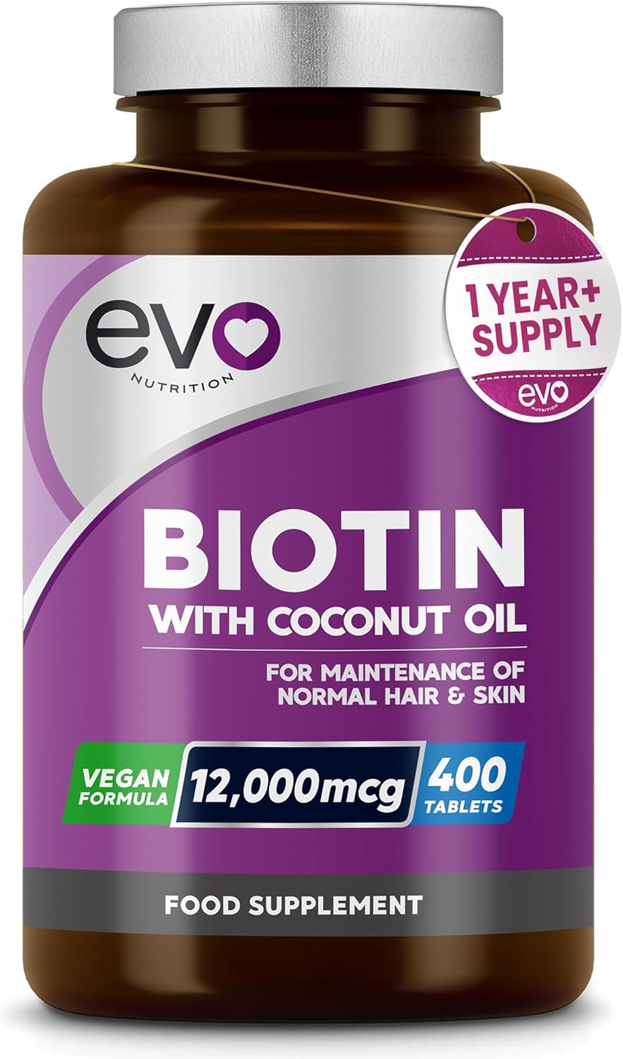 Biotin Hair Growth Supplement 12,000mcg with Coconut Oil | 400 High Strength Tablets for - 13 Month Supply Vitamin B7 Supports Normal Skin & Made in UK by EVO Nutrition