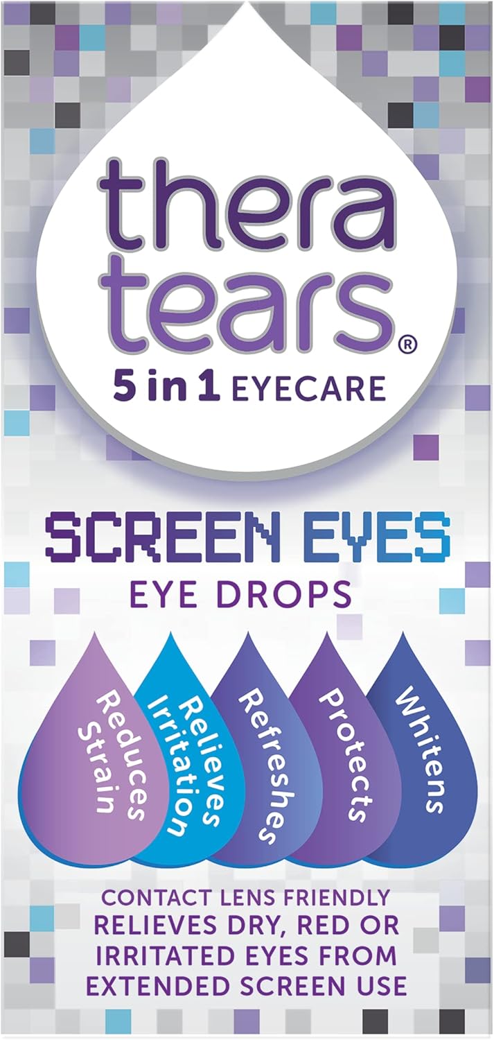 TheraTears Screen Eyes Eye Drops | Relieves, Refreshes and Whitens Dry, Red or Irritated Eyes from Extended Screen Use | Contact Lens Friendly | 5 in 1 Eye Care Drops | 10ml