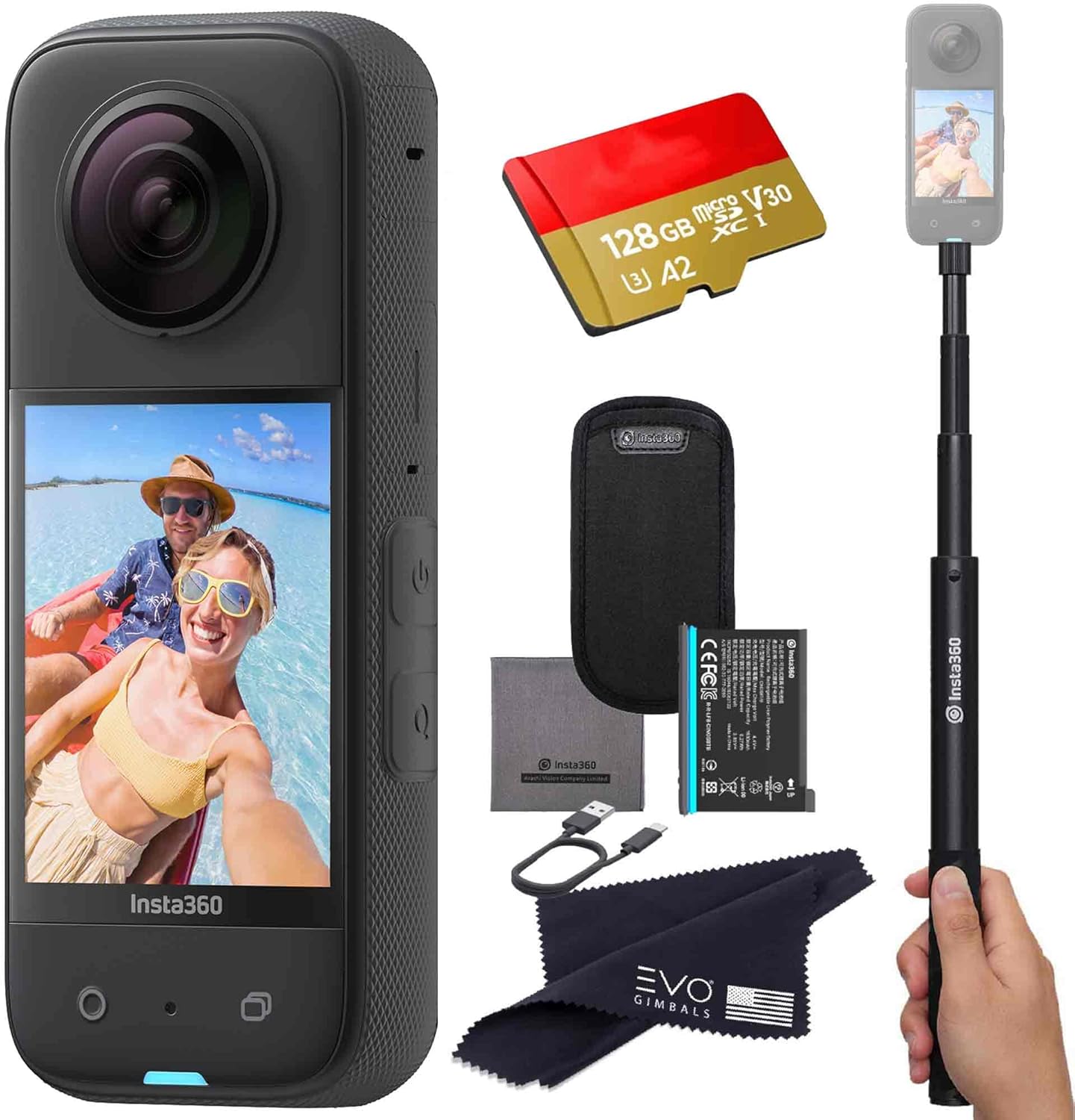 insta360 X3 - Waterproof 360 Action Camera with 1/2'' 48MP Sensors, 5.7K HDR Video, 72MP Photo, 4K Single-Lens, 60fps Me Mode, 2.29''Touchscreen, AI Editing |Bundle Includes Selfie Stick&128GB, Black