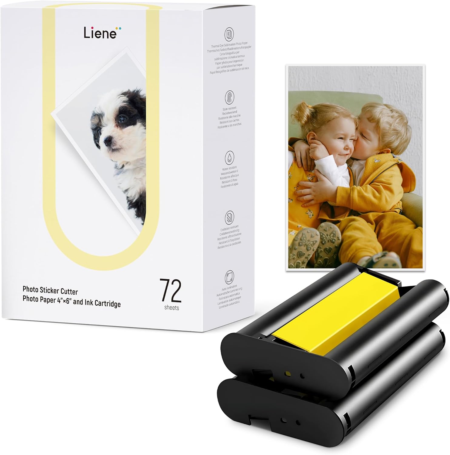 Liene Photo Paper & Cartridge, 2 Ink Cartridge Refill & 72 sheets photo papers, 4x6", Dye Sublimation, Water & Oxidation-Proof, Compatible w/Liene PixCut S1 Photo Sticker Printer and Cutter