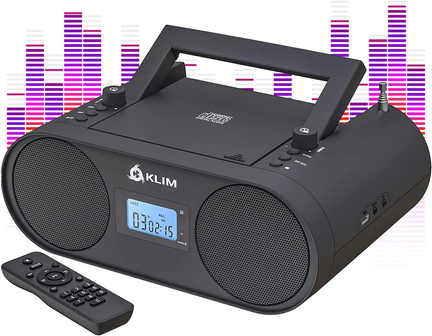 KLIM Boombox B4 CD Player Portable Audio System - New 2024 - AM/FM Radio with CD Player MP3 Bluetooth AUX USB - Wired & Wireless Mode Rechargeable Battery - Remote Control Autosleep Digital EQ