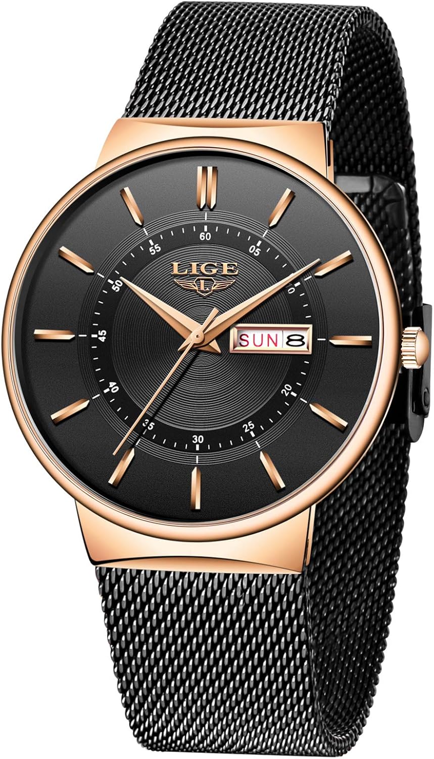 LIGE Men's Watches Black Ultra Thin Minimalist Fashion Wristwatches for Men Business Dress Waterproof Casual Watch for Man with Stainless Steel Mesh Watch