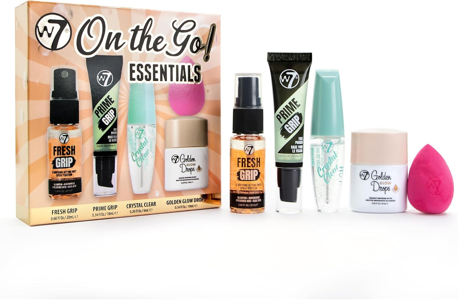 W7 On the Go Essentials Gift Set - Mini Makeup Must-Haves with Primer, Setting Spray, Mascara, Golden Glow Bronzing Drops & Beauty Sponge - Travel or Handbag Size Essentials