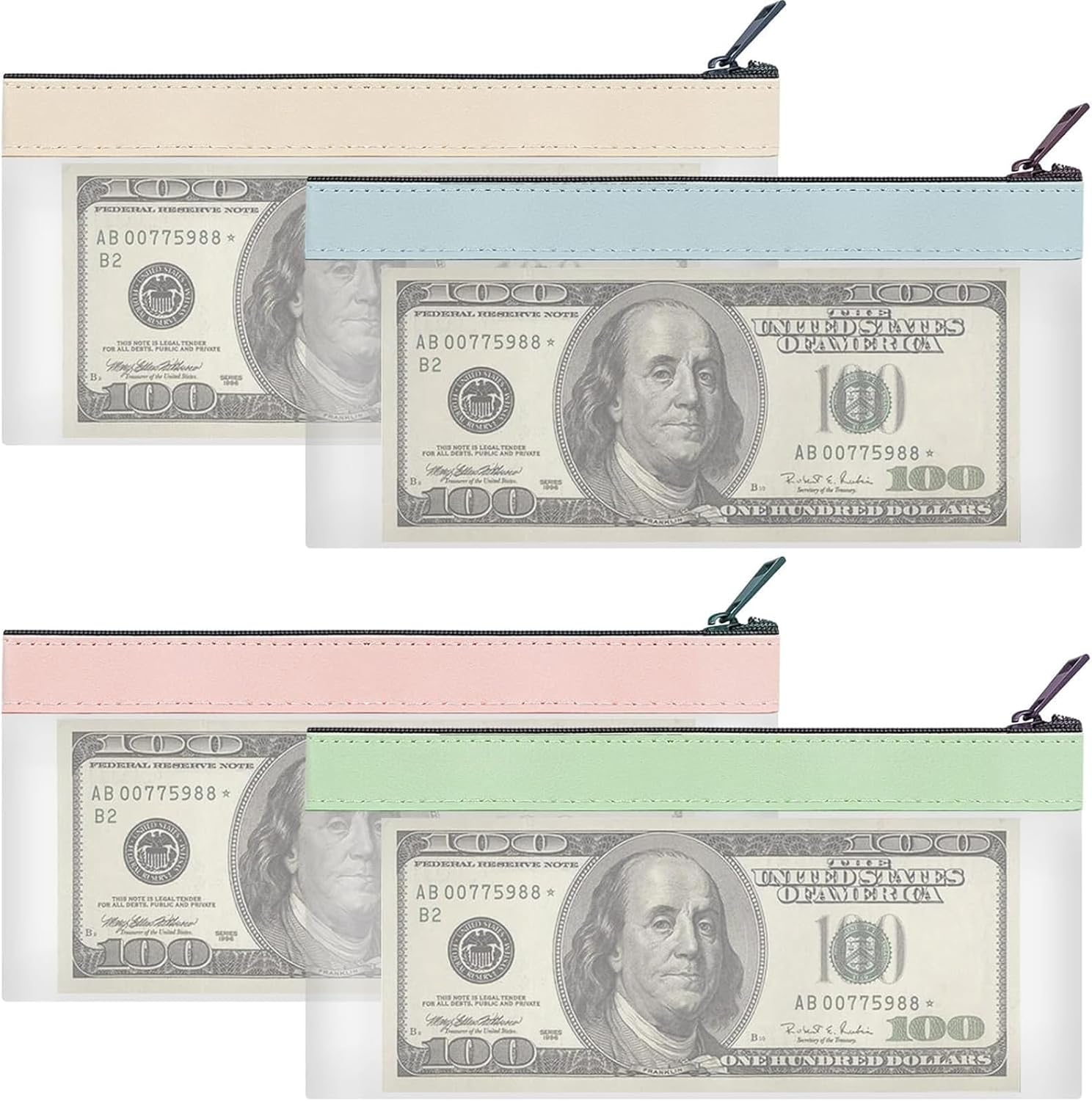ARROMI 4 Pcs Money Pouches for Cash, Zipper Closure, Waterproof, 4 Colors (Green, Pink, Blue, Off-White), Rectangular, Synthetic, Storage Bag, Financial Transactions, Document Storage, Travel