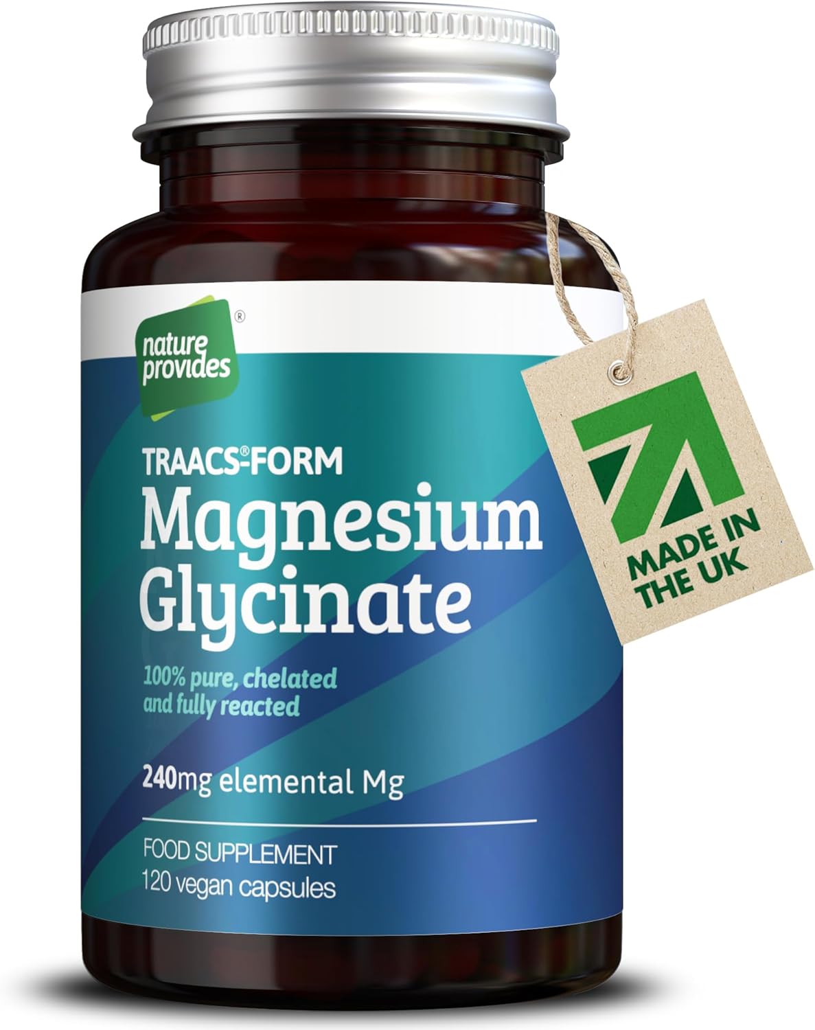Magnesium Glycinate TRAACS (Bisglycinate) 240mg - 120 Vegan Capsules, 100% Pure, No Fillers/Buffers, Chelated, Highly Bioavailable, Muscle & Sleep Support, Stress Relief, UK Made by Nature Provides