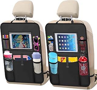 Car Backseat Organizer 2 Pack, Car Seat Back Organizers Storage Kick Mat Seat Protector, Car Seat Back Protectors with Clear 10" Tablet Holder + 5 Storage Pockets Back seat Organizer for Kids