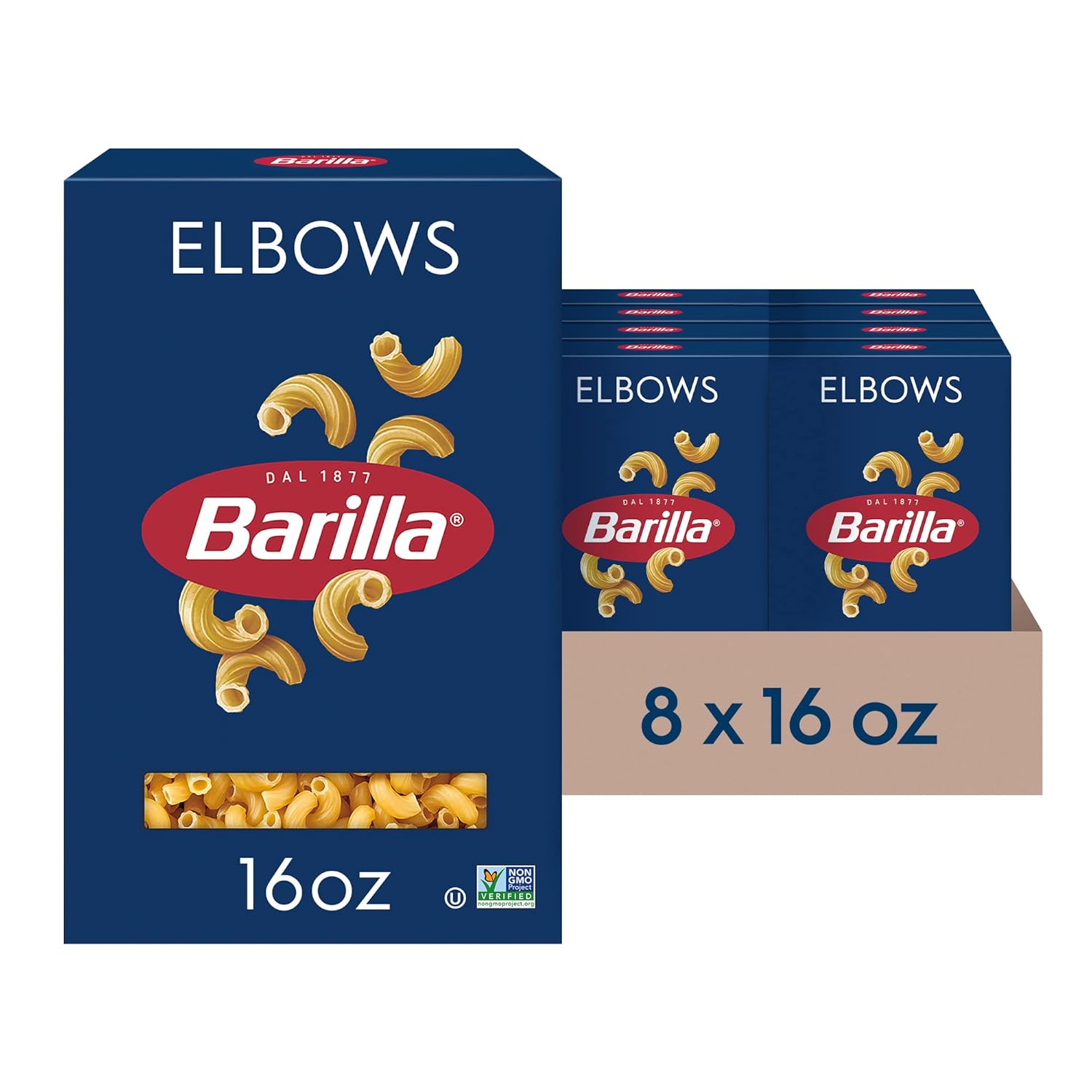 Barilla Elbows Pasta, 16 oz. Box (Pack of 8) - Non-GMO Pasta Made with Durum Wheat Semolina - Kosher Certified