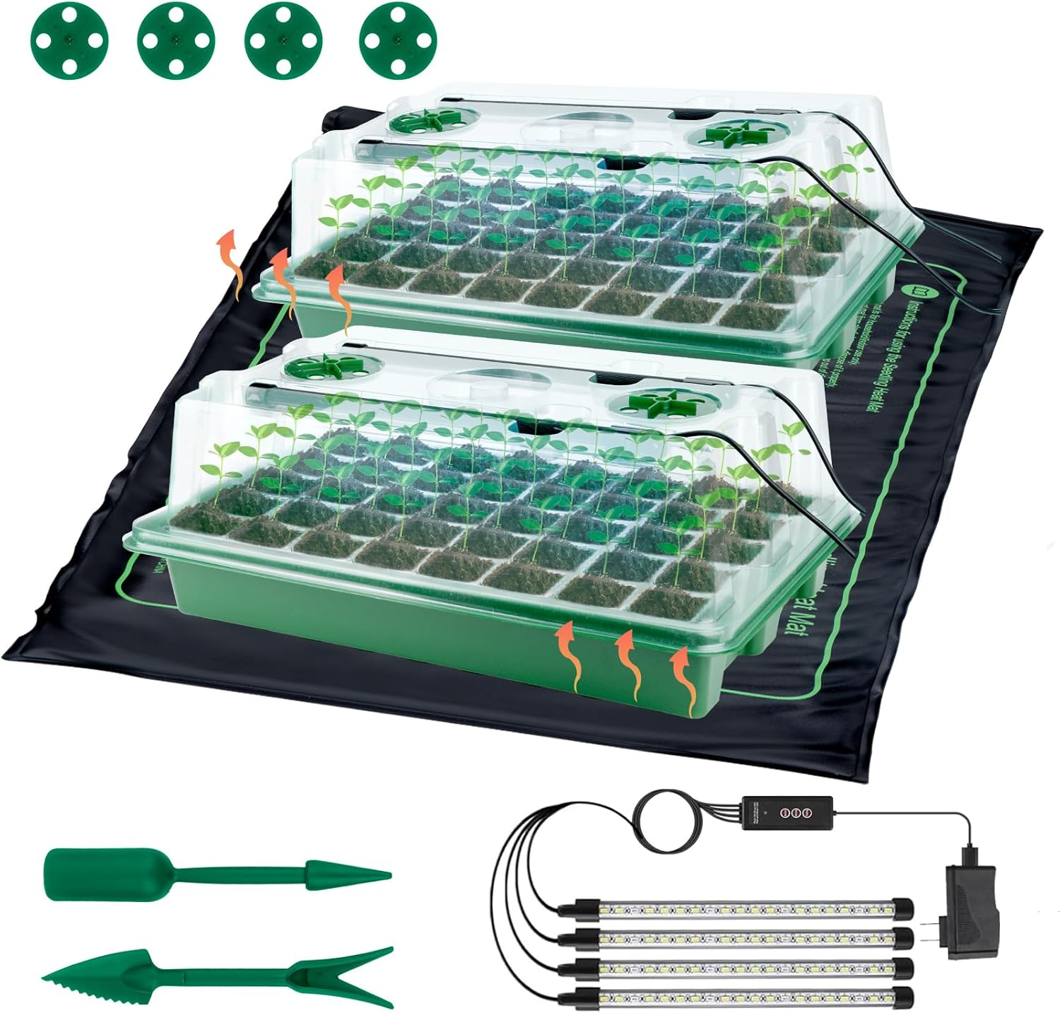 2-Pack 80-Cell Seed Starter Trays with 1 Set of LED Lights and 19.7"x20.5" Seedling Heat Mat, 5.5" Higher, Adjustable Vents, Drainage Holes, Green Propagation Tray for Planting Seeds