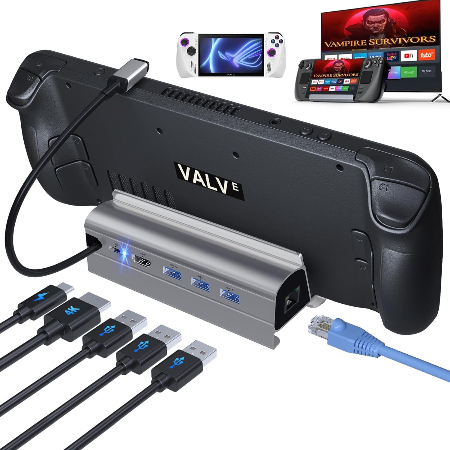 Docking Station for Steam Deck ROG Ally, 6 in 1 Stream Deck Dock with HDMI 2.0 4K@60Hz, 1000Mbps Gigabit Ethernet, 3 USB-A 3.0 and 100W Full Speed Charging USB-C Port Compatible with Valve Steam Deck