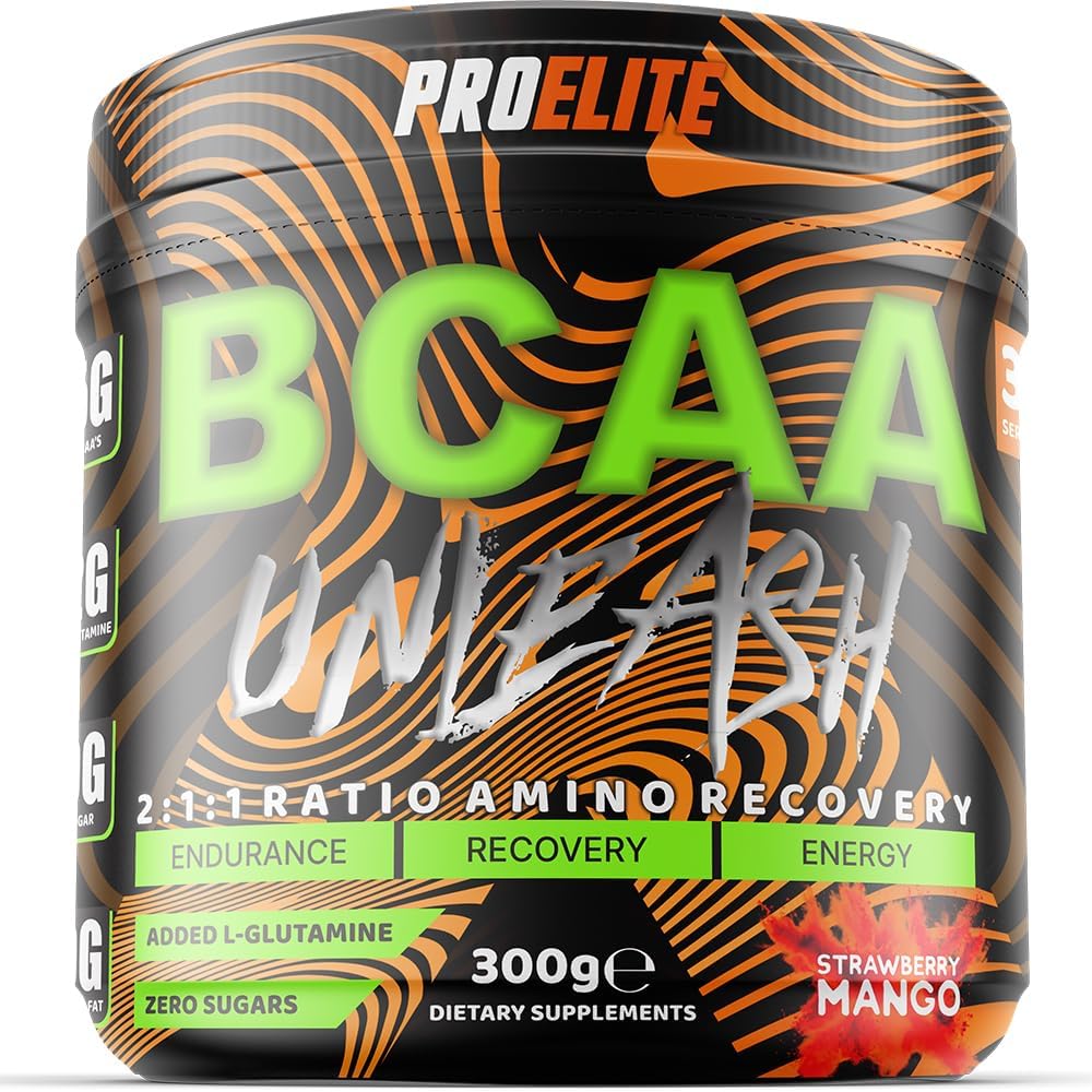 BCAA 211 Powder 300g - Branched Chain Amino Acids BCAAs 2:1:1 Supplement Intra Workout, Recovery Powder with L Leucine, L Isoleucine, L Valine, L Glutamine - Vegan by PROELITE (300g, Strawberry Mango)