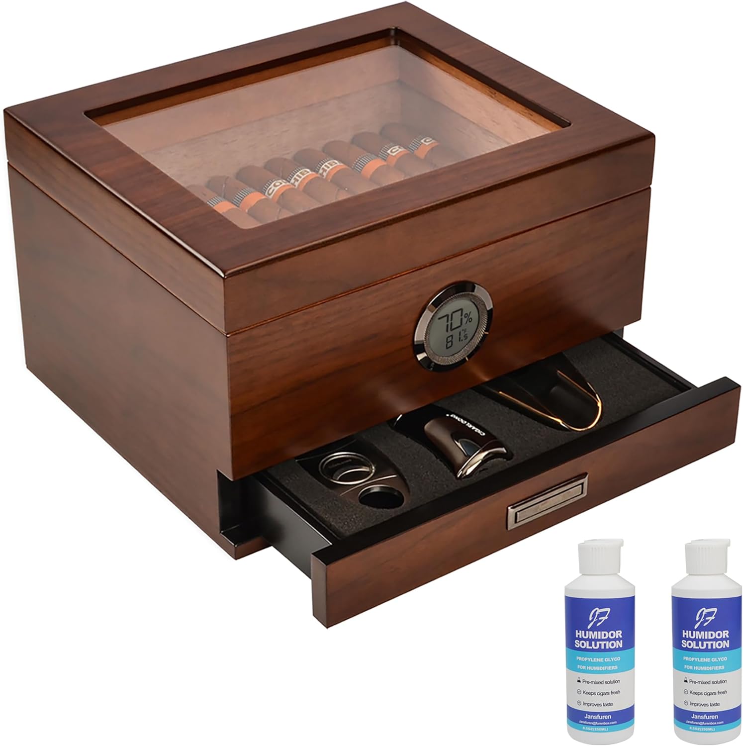 Cigar Humidor, Handcrafted Spanish Cedar Glass Top Humidors, Accurate Digital Hygrometer with 2 Humidor Solution(25-55 Cigars) by Jansfuren