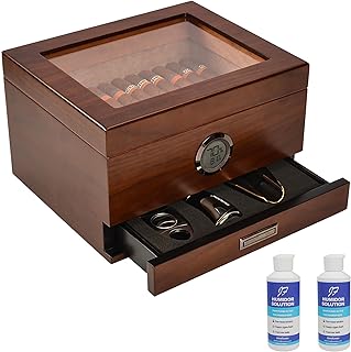Cigar Humidor, Handcrafted Spanish Cedar Glass Top Humidors, Accurate Digital Hygrometer with 2 Humidor Solution(25-55 Cigars) by Jansfuren