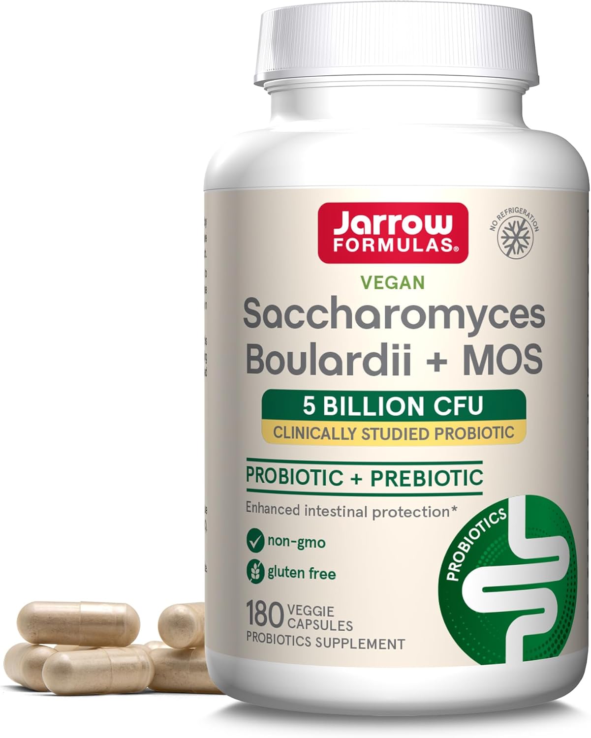 Jarrow Formulas Saccharomyces Boulardii Probiotics + MOS 5 Billion CFU Probiotic Yeast for Intestinal Health Support, Gut Health Supplements for Women and Men, 180 Veggie Capsules, 180 Day Supply
