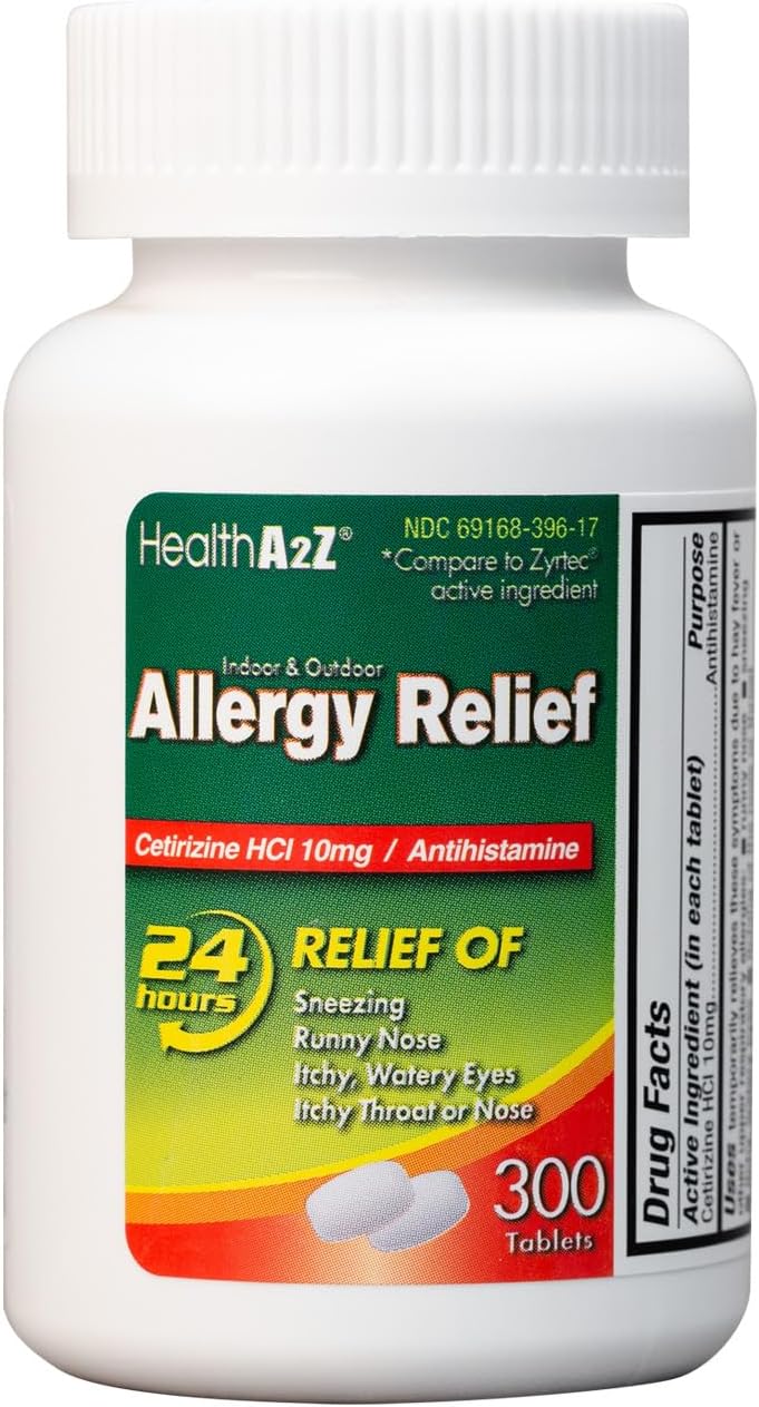 HealthA2Z® Allergy Relief | Cetirizine 10mg | All Day Allergy Relief | Indoor & Outdoor | Relief from Itchy Throat, Sneezing, Runny Noses (300 Count (Pack of 1))