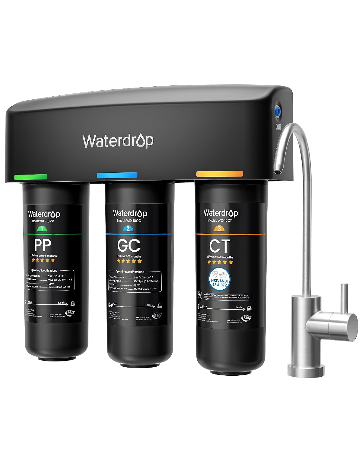Waterdrop TSB 8 Layer Under Sink Water Filter System, with Dedicated Faucet | Reduces PFAS, PFOA/PFOS, Fluoride, Chlorine, Bad Taste & Odor, NSF/ANSI 42 Certified, Under Sink Water Filtration System