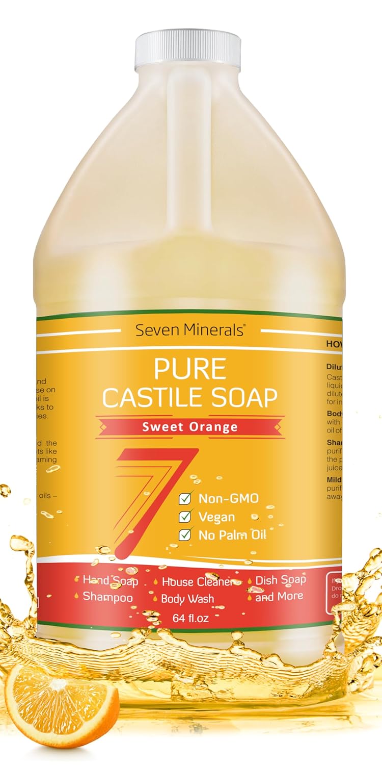Seven Minerals Pure Castile Soap, Sweet Orange 64oz - No Palm Oil, GMO-Free - Gentle Liquid Soap For Sensitive Skin & Baby Wash - All Natural Vegan Formula with Organic Carrier Oils