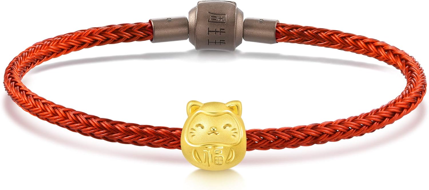 CHOW SANG SANG 999 24K Solid Gold Lucky Cat Daruma Doll Mini Charm Bracelet for Women 92310C