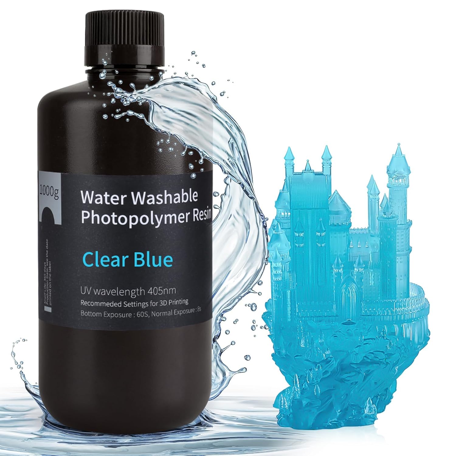 ELEGOO Water Washable 3D Printer Resin LCD UV-Curing Resin 405nm Standard Photopolymer Resin for Mars Saturn Jupiter MSLA DLP LCD 3D Printing 1000Gram Clear Blue