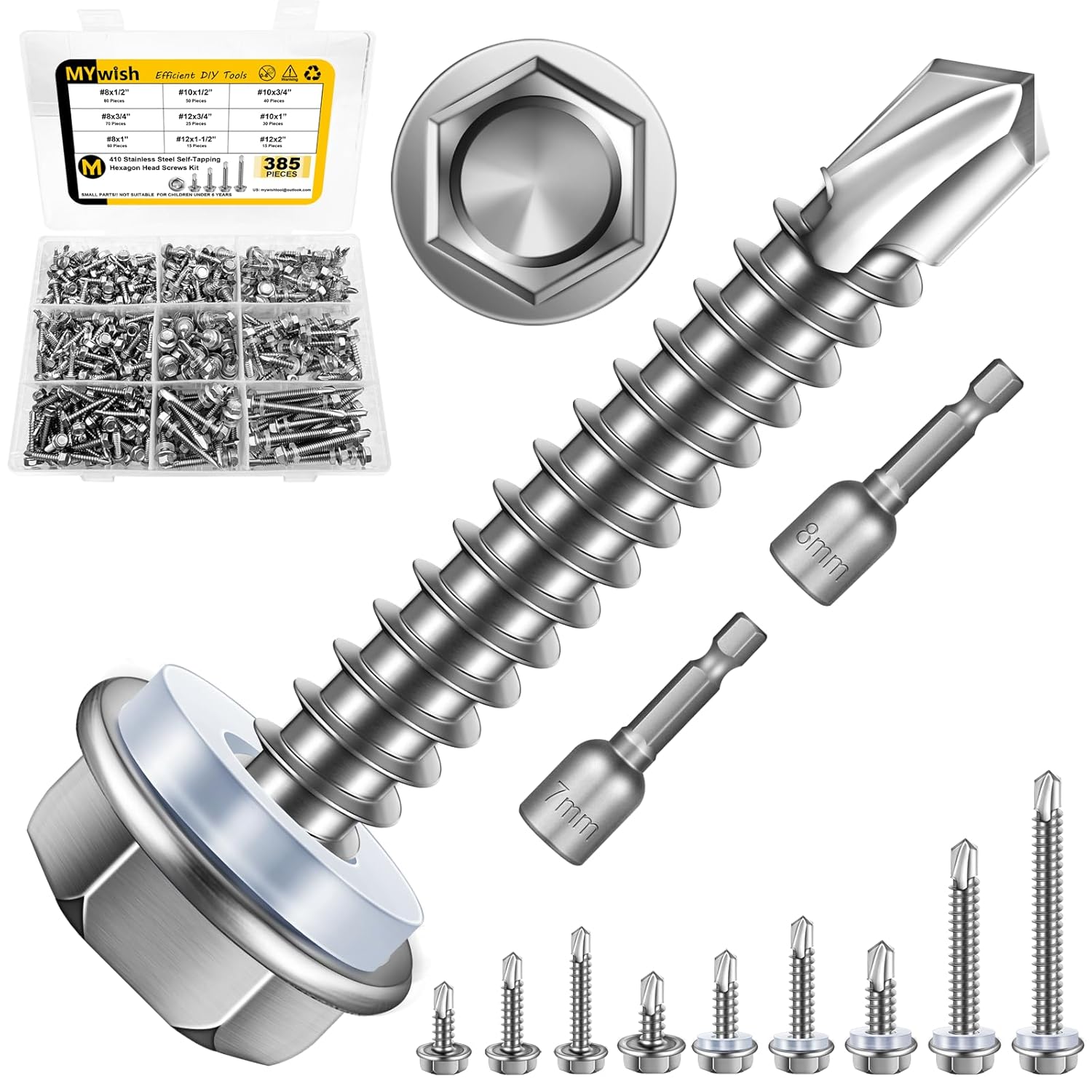 Mywish 410 Stainless Steel Self Tapping Screws for Metal, 385 Pieces #8#10#12 Hex Head Self Drilling Screws Assortment Kit, Length 1/2" to 2", High Strength Sheet Metal Screws