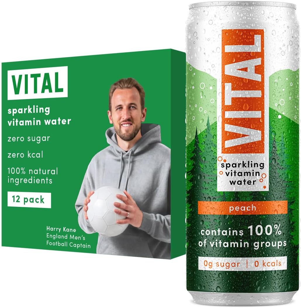 VITAL Sparkling Vitamin Water, Contains all 13 Vitamin Groups, Sugar Free, Zero Calories, Peach Flavoured Water, Contains 12 x 330ml cans