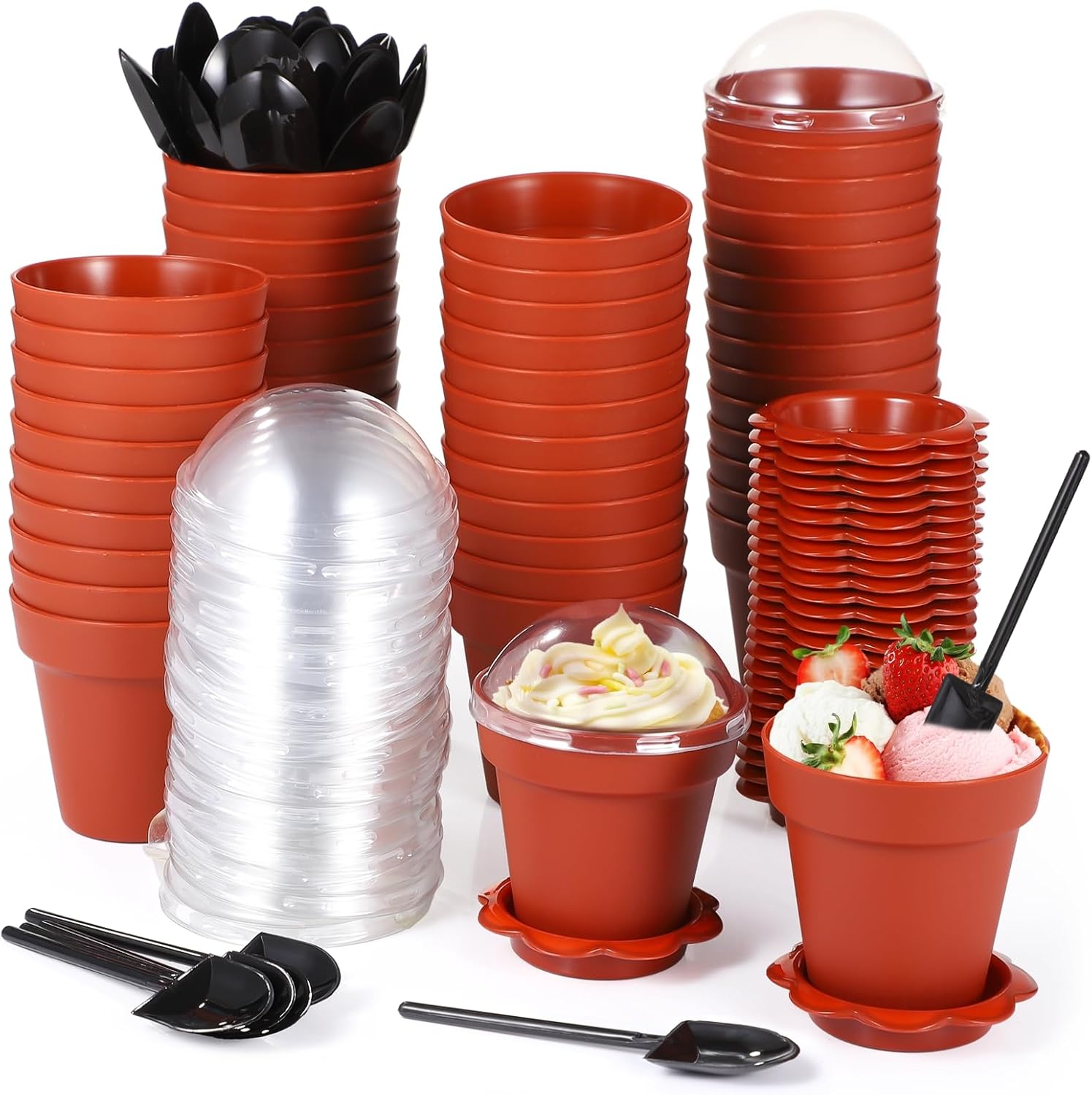 50 Pack Flower Pot Dessert Cups, 6.7 oz Small Plastic Ice Cream Serving Cups with Lids＆Shovel Spoons, Stackable Pudding Mousse Containers for Baby Shower Birthday Party Supplies, DIY Baking