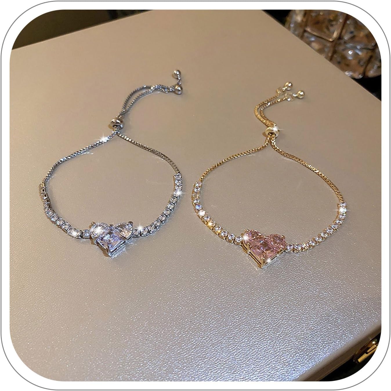 Silver Heart Friendship Bracelet Created with Crystal Zircondia, Shiny Zircon Adjustable Bracelet, Sparkle Bling Bracelets Jewellery Gift for Women Girls Mothers Anniversary, Birthday