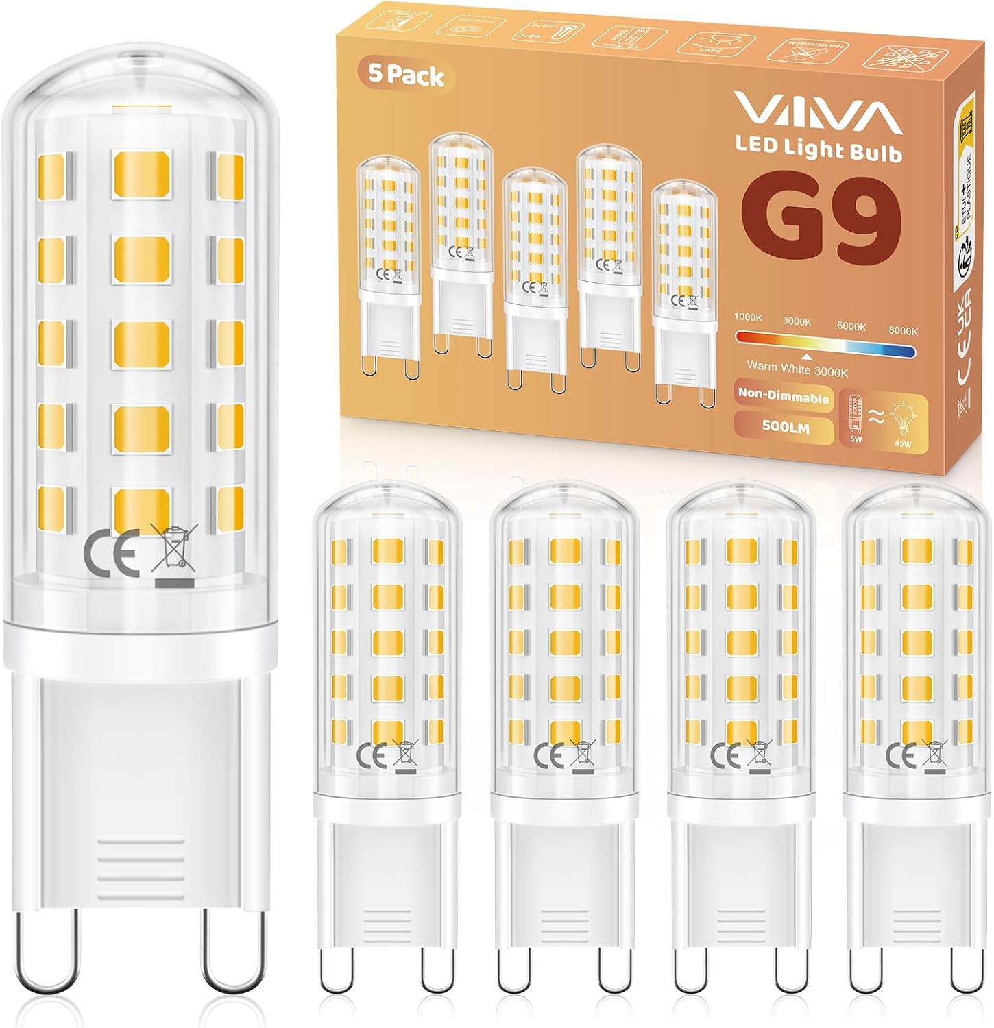 G9 LED Bulbs Warm White-5 Pcs, 5W 3000K G9 Led Light Bulbs, (45W Equivalent Halogen) Energy Saving, 500LM CRI>80, 360° Beam Angle, No Flicker, Non-Dimmable, for Home Lighting, Crystal Chandelier
