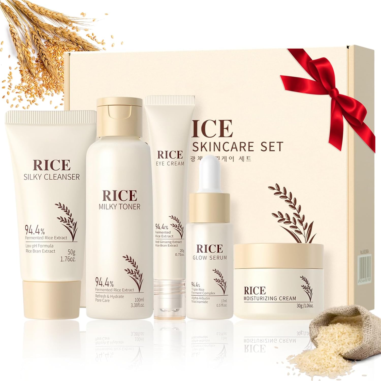 Korean Skincare Set,Glass Skin Care Gift Set,Rice Skin Care Sets & Kits-Rice Cleanser,Serum,Toner,Cream,Eye Cream,Facial Kit for Glowing Skin,Anti-Oxidant Skincare Kit for Radiant Complexion 5Pcs