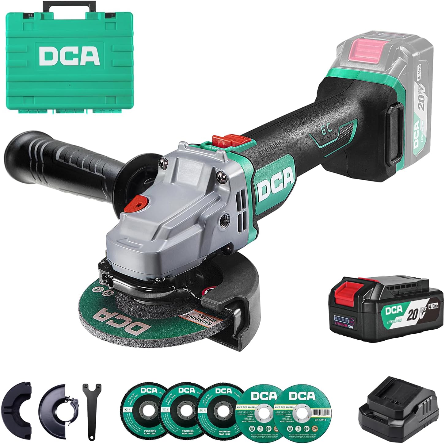 DCA Cordless Angle Grinder 125MM, 20V Brushless Motor 8500RPM, Battery Grinder Tool-Free Guard, 4.0Ah Battery & Charger, Power Electric Cut Off Tool with 6 Discs for Cutting, Grinding, Polishing