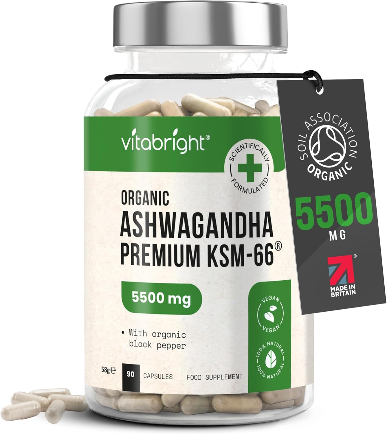 Ashwagandha High Strength Cortisol Reducing Supplements | 3 Months – 5500mg KSM 66® | Stress Relief for Adults | Organic Ashwagandha Capsules | VitaBright Ashwaganda Root Powder Tablets